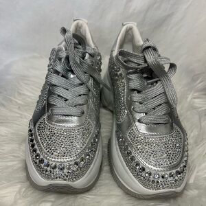 HOGAN Crystal Embellished Platform Sneakers Silver Luxe Rhinestone Statement